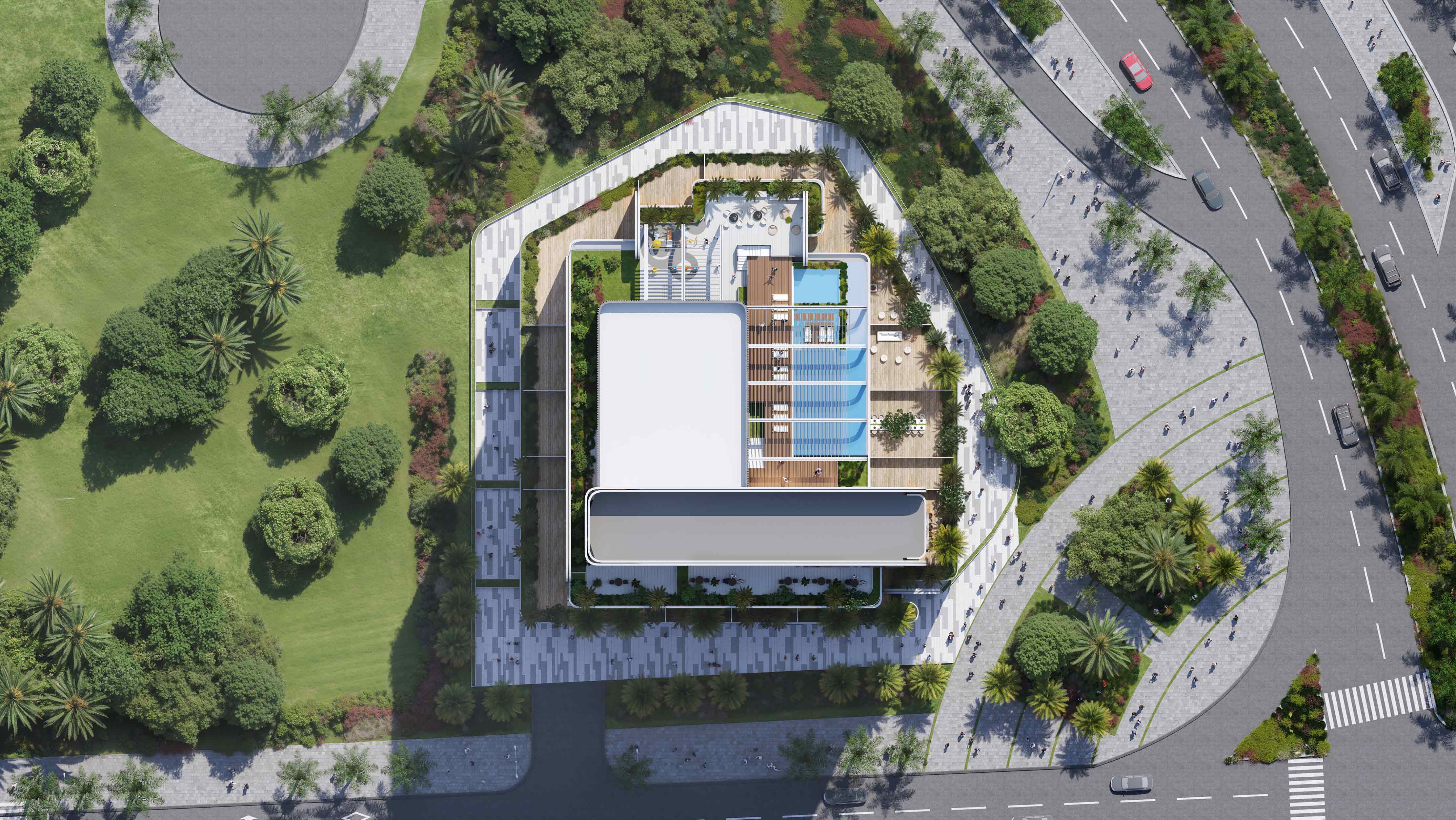 Le Blanc Aerial view of a modern building with landscaped gardens, pools, and surrounding pathways in a green urban environment.